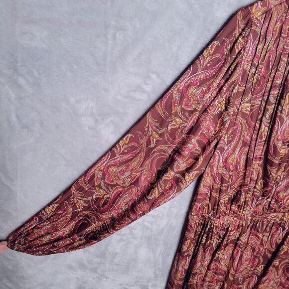 LANE BRYANT Brown Paisley Midi Dress Size 18 Long Sleeve Ruffle Neck Silky Boho - Picture 8 of 12